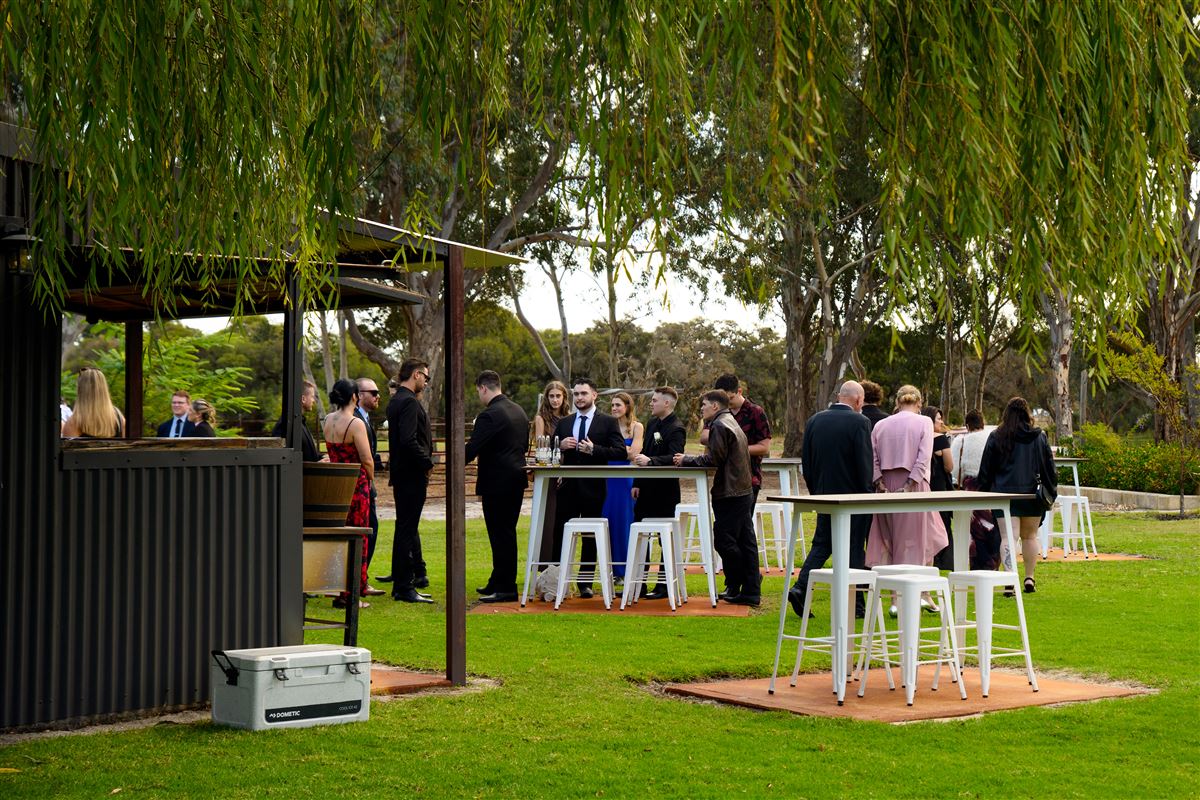 Cocktail hour under the willow trees by the bar